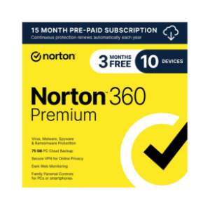 Norton 360 Premium Antivirus with 75GB Cloud Backup for 10 Devices, 15-Month Subscription