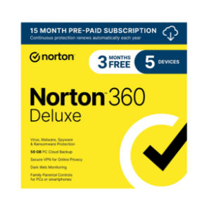 Norton 360 Deluxe Antivirus with 50GB Cloud Backup for 5 Devices, 15-Month Subscription